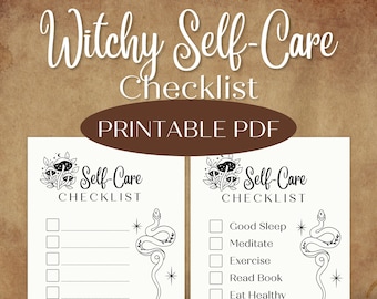 May include: Printable checklist for self-care with a witchy theme. The checklist includes items like good sleep, meditate, exercise, read a book, eat healthy, and drink more water. The checklist is decorated with a snake and mushrooms.