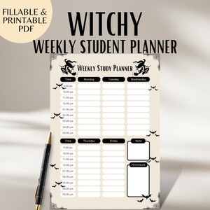 May include: A printable weekly student planner with a witchy theme. The planner has a black and white illustration of a witch flying on a broomstick. The planner is divided into sections for each day of the week, with space for notes and homework assignments.