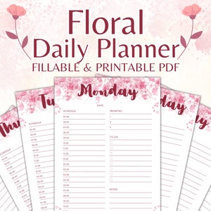 Watercolor Pink Floral Daily Planner Printable, Hourly Planner, Downloadable Planner, To Do List, Daily Schedule Routine, Daily Checklist