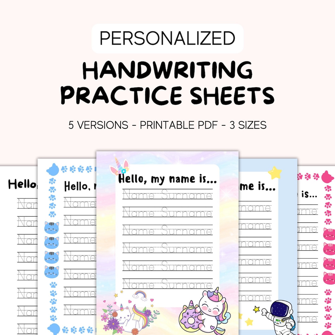 5 Versions PERSONALIZED Handwriting Practice Printable Pdf Cute Cursive ...