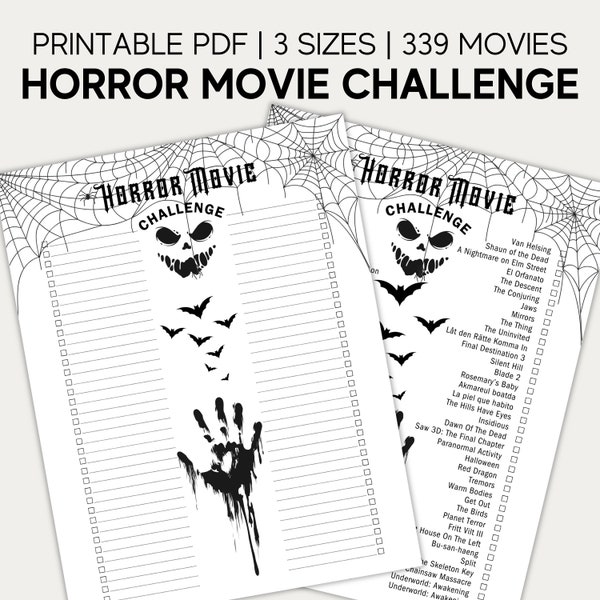 Horror Movie Challenge Horror Movie List Movie Bucket List, Movie Journal, Movie Log, Halloween Movie List, Scary Film List, Spooky Season