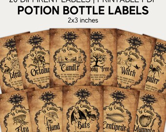 Puede incluir: Veinte etiquetas de botellas de pociones imprimibles en estilo vintage con ilustraciones y texto espeluznantes. Las etiquetas miden 5,1 x 7,6 cm y presentan imágenes de una bruja, una araña, una vela, una mano, murciélagos, un ciempiés, larvas y más.