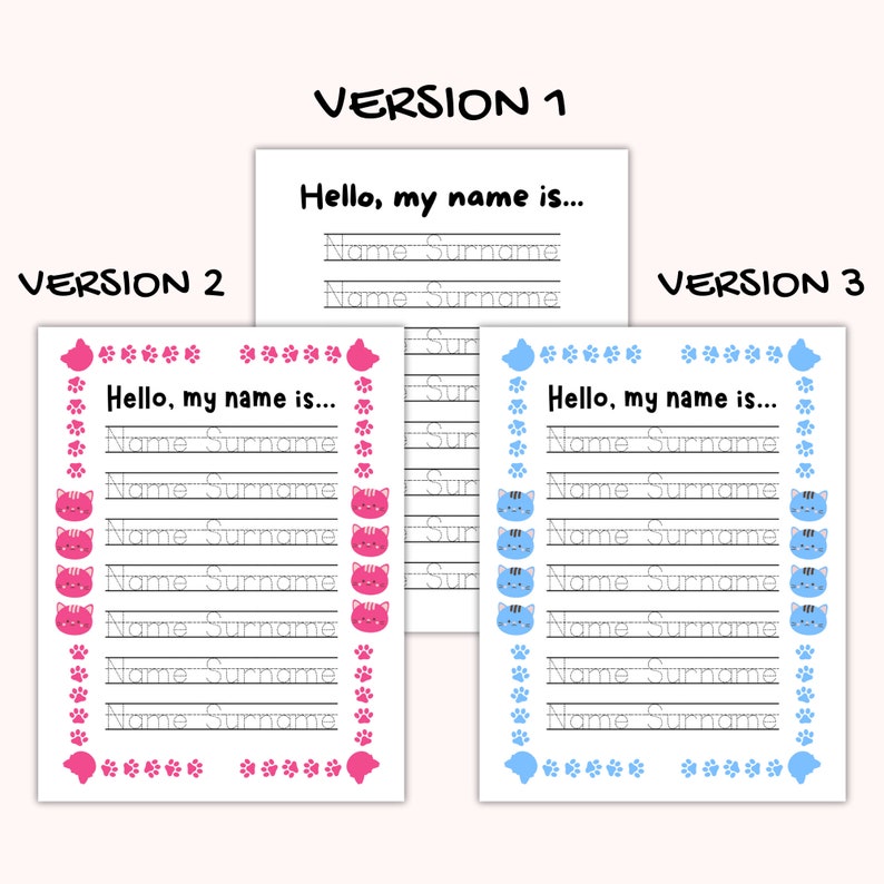 5 Versions PERSONALIZED Handwriting Practice Printable Pdf Cute Cursive ...