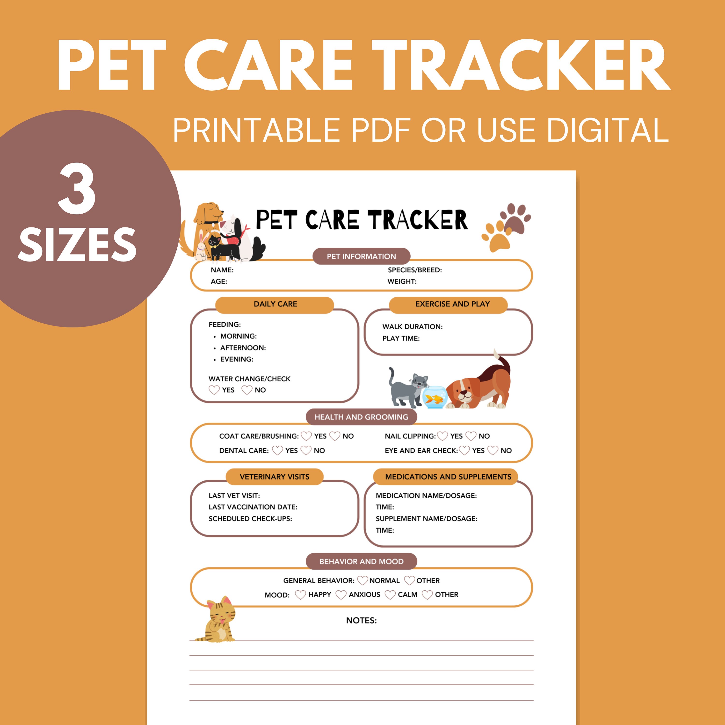 Comprehensive Pet Care Tracker Printable PDF, Daily Health &amp; Wellness ...