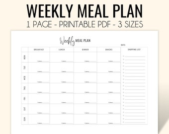 Printable Weekly Meal Planner, Minimalist Food Diary (PDF)
