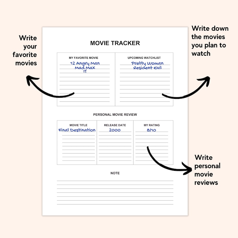 Minimal Movie Tracker Printable PDF Movie Challenge Printable, Movies