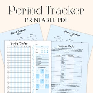 Afdrukbare periodetracker met blauwe bloemen, kalender 2026-2027 (A4-A5-letterformaten) (digitale download)