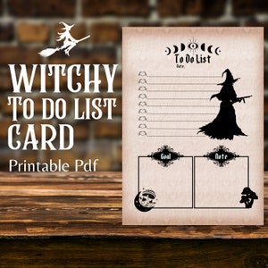 May include: Printable witchy to-do list card featuring a silhouette of a witch holding a broom. The card has a moon and eye design at the top and space for writing a goal and note.