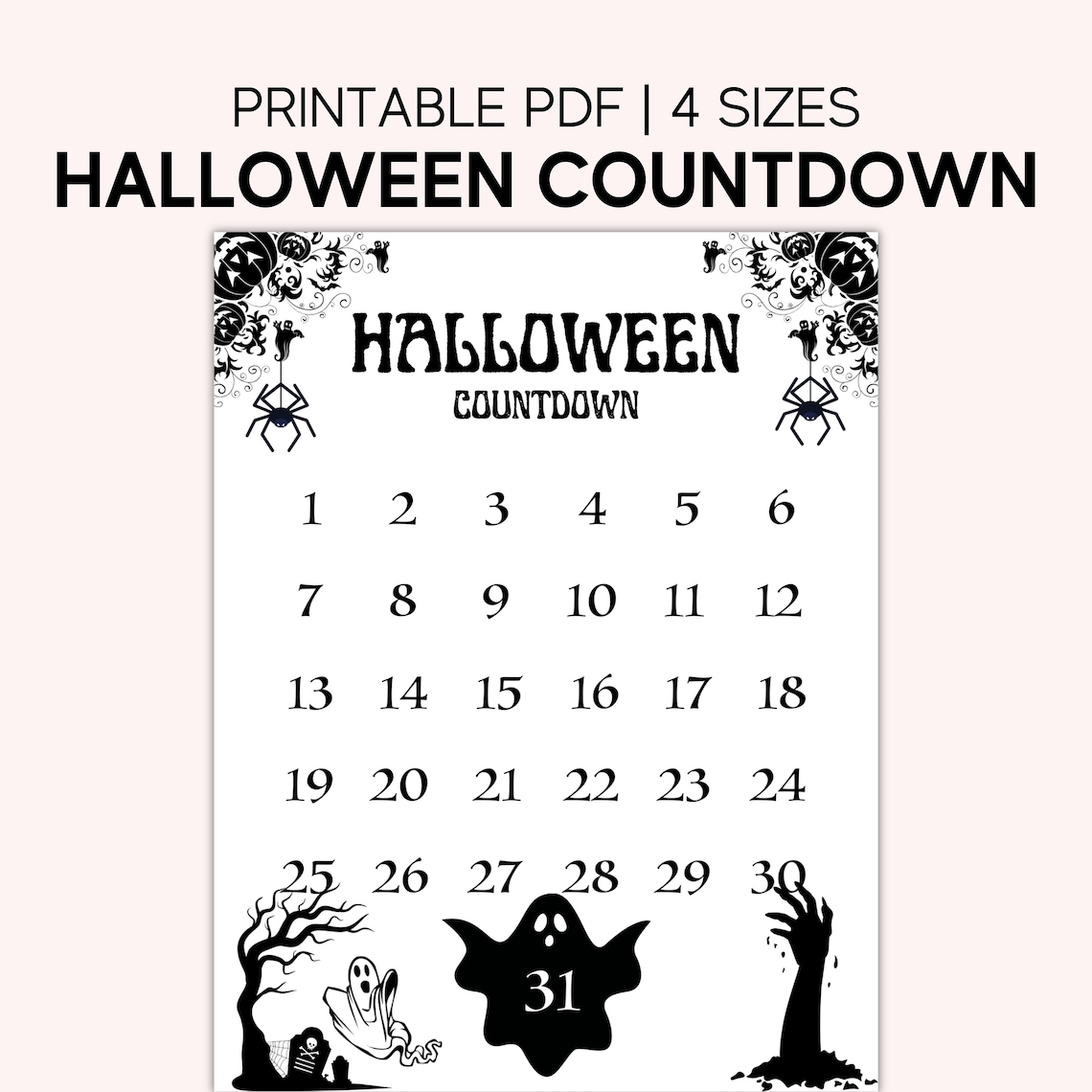 Halloween Countdown Calendar Printable Halloween Wall Art Etsy