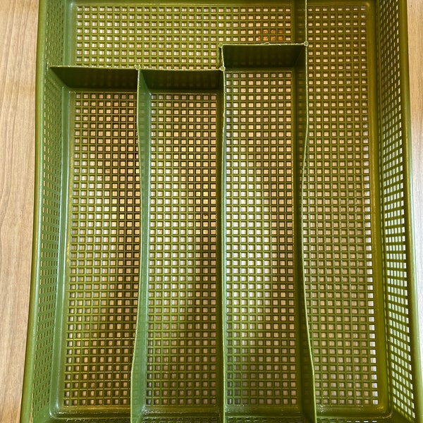 Vintage avocado green silverware holder tray. 1960/ 1970s kitchen. Mid Century home decor.