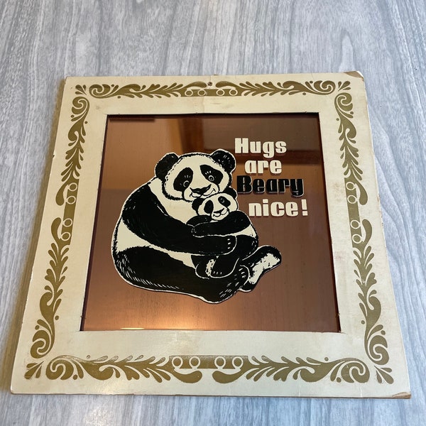 Vintage 1970s Painted Mirror with Panda. 8x8 inches. 70s wall decor.