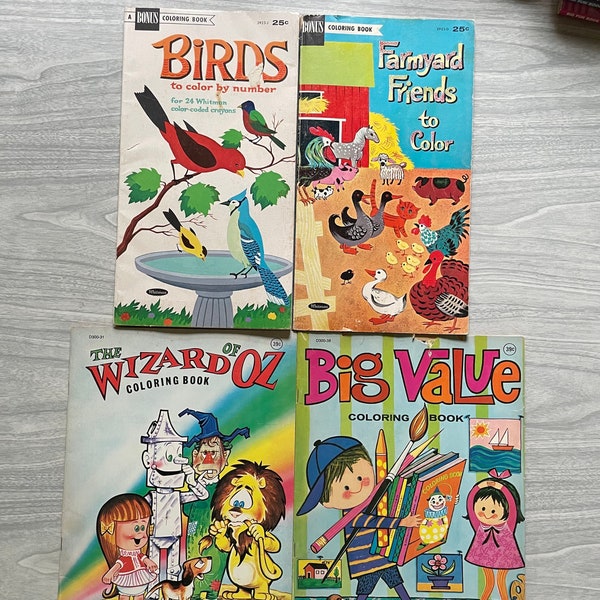 Vintage lot of 1960s and 1970s children’s coloring books. Retro Whitman coloring book. The Wizard of Oz coloring book. Birds color by number