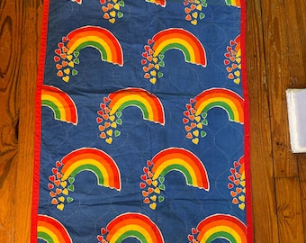 Vintage 80s to 90s Rainbow Baby/Toddler Quilt 50”x27” and Rainbow Washcloth like new