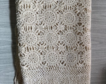 Vintage 80s to 90s Crocheted Lace Tablecloth 93”x57”. Ivory/off white color. Boho lace tablecloth home decor
