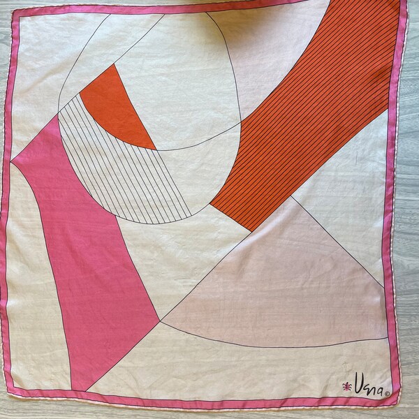 Vintage 1960s Vera Neumann silk scarf. Pink and red. Mid century geometric design. 25x25