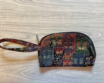 Vintage 90s Laurel Burch TAPESTRY with Cat Images. Make-Up Bag /Purse /Clutch.  Cats Images are on Both Sides w/ Cat Zipper Pull.