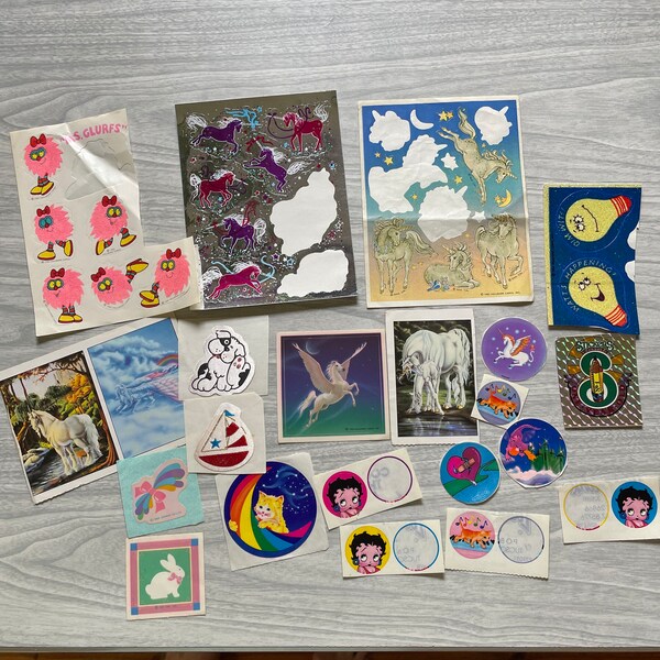 Vintage lot of 1980s stickers. Lisa Frank, Unicorn, Fuzzy, etc. 80s sticker collection