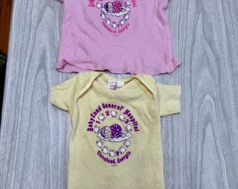 Vintage Cabbage Patch Kid Babyland General Hospital doll shirts. Pink and Yellow. 90s to Y2K Babyland Hospital Cleveland Georgia