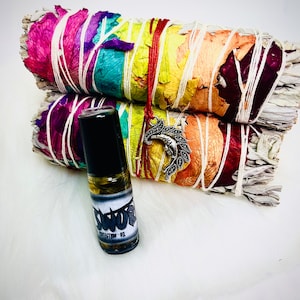 7 Chakra Smudge + Protection Oil | Ritual Oil | Rose Sage Smudge | 7 Color White Sage | 3 Pack