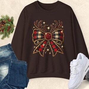 Reindeer Christmas Crewneck Sweatshirt, Sparkling Bow Holiday Jumper, Festive Xmas Pullover, Winter Sweater, Unisex Clothing Gift