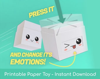 Pepakubo Emoji Cube (White) | Cute Face Swapping Kawaii Paper Box Automata | Printable Papercraft Template, Instant Download, DIY
