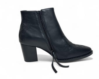 Women’s Genuine Leather Western Ankle Boots, Floral Cowgirl Booties, Side Zip Block Heel