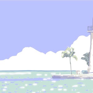 Puede incluir: Ilustración digital de un faro blanco con cúpula, sobre un cielo azul claro y un océano. También se ven palmeras y nubes. La escena está representada en suaves colores pastel.