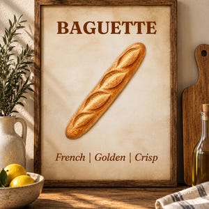 May include: A framed wall art print featuring a golden-brown baguette illustration centred on a beige background. The text "BAGUETTE" appears at the top in brown, with "French | Golden | Crisp" printed in brown at the bottom of the rectangular frame.