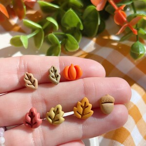Custom Fall Stud Earrings with Cute Autumn Leaf, Pumpkin and Acorn Designs, Tiny Polymer Clay Mix and Match Cottagecore Studs