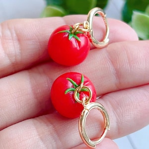 Handmade mini tomato earrings for her, Dangle jewelry for food lover, Quirky style for friends gift, Ideal present for party garden