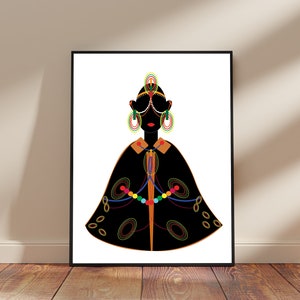 Puede incluir: Una silueta negra de una persona que lleva una capa negra con patrones geométricos coloridos y grandes pendientes. La persona lleva gafas de sol y tiene un labio rojo.