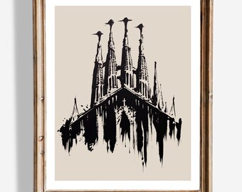 Art mural de la Sagrada Familia | Décoration minimaliste de basilique | Impression emblématique de Barcelone | Art religieux pour la maison | Affiche Foi et architecture