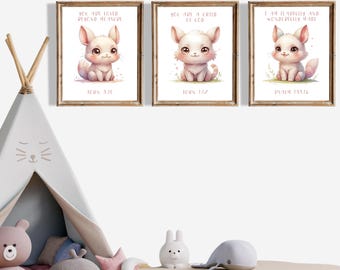 Arte mural con versículos bíblicos para habitación de bebé – Decoración cristiana para habitación de bebé – Estampados de animales en acuarela – Juan 3:16 – Arte bíblico imprimible