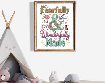 Arte mural con versículos bíblicos "Temerosamente y maravillosamente hecho" / Decoración cristiana para habitación infantil / Arte imprimible de fe para habitación infantil / Idea de regalo de bautismo
