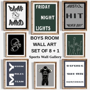 Set di decorazioni da parete per la cameretta dei ragazzi - Decorazioni sportive per la cameretta dei ragazzi - Stampe con citazioni di Hustle - Poster di football americano - Set moderno per la cameretta dei ragazzi