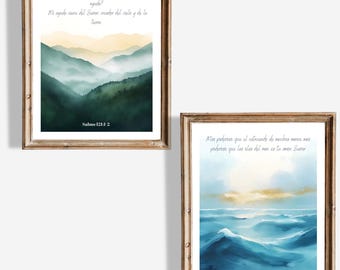 Juego de 2 impresiones de arte mural cristiano con versículos bíblicos en español, Salmo 93:4, Salmo 121:1-2, paisaje de océano y montaña, decoración imprimible de fe.