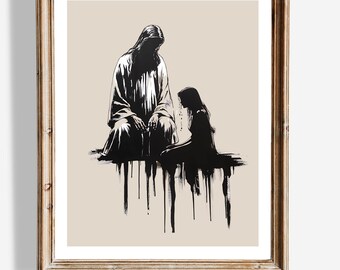 Woman Washing Jesus’ Feet Wall Art | Traditional Ink Silhouette | Black Ink Christian Decor | Humility and Faith Poster | Spiritual Home Art