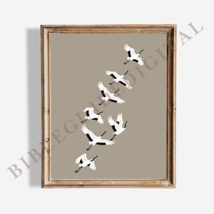 Flying Cranes Japandi Style Print Beige White Bird Image PRINTABLE Digital Download Elegant Gallery Wall Art Vintage Japanese Style Artwork