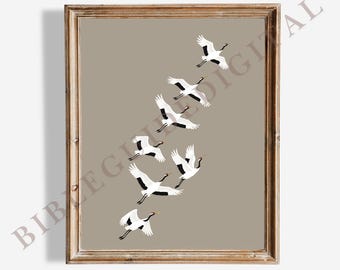 Impresión de grullas voladoras estilo Japandi, imagen de pájaro beige y blanco, descarga digital imprimible, elegante galería de arte de pared, obra de arte de estilo japonés vintage
