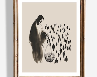 Arte de parede da alimentação dos 5000 | Decoração cristã minimalista | Milagre de Jesus para impressão | Arte religiosa para casa | Decoração de fé e abundância