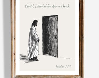 Arte de parede Jesus batendo à porta - Apocalipse 3:20 - Pôster com versículo bíblico cristão - Arte de linha minimalista - Decoração de fé - Presente religioso