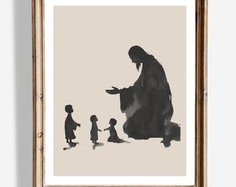 Arte mural de Jesús bendiciendo a los niños / Decoración cristiana minimalista / Impresión de versículos bíblicos / Decoración religiosa para guardería / Decoración cristiana para el hogar
