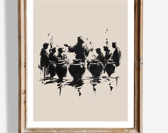 Jesus Turns Water into Wine Wall Art | Traditional Ink Silhouette | Black Ink Christian Decor | Faith Miracle Poster | Spiritual Home Art