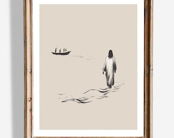 Arte de parede Jesus anda sobre as águas | Decoração cristã minimalista | Impressão de milagre da fé | Pôster de história da Bíblia | Arte religiosa para casa | Confiança em Deus
