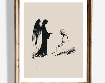 Arte mural de la Anunciación / Decoración cristiana minimalista / Impresión del ángel Gabriel y María / Póster de la historia bíblica / Arte religioso para el hogar / Decoración de fe