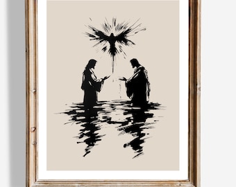 Arte mural del Bautismo de Jesús / Silueta de Jesús en tinta / Decoración cristiana / Póster de fe religiosa / Arte espiritual para el hogar / Obra de arte del momento sagrado