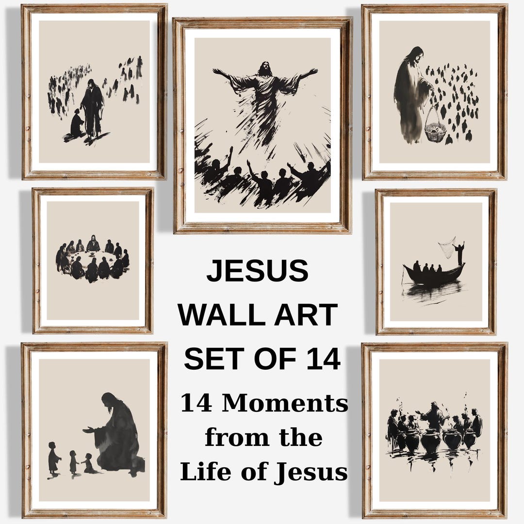Jesus Wall Art Set – 14 Minimalist Bible Story Prints, Christian ...
