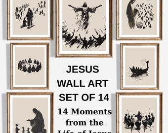 Set de arte mural de Jesús: 14 láminas minimalistas de historias bíblicas, decoración cristiana imprimible, arte religioso moderno, regalo inspirador para el hogar