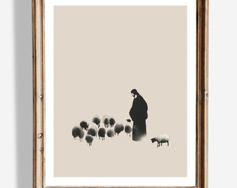 Arte de parede da ovelha perdida, arte de Jesus, arte da Bíblia, Jesus Bom Pastor, arte de parede, alegra-se por uma ovelha perdida, Jesus deixa as 99 ovelhas