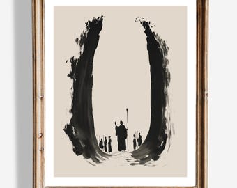 Arte mural de Moisés parte el Mar Rojo / Decoración bíblica minimalista / Impresión del Milagro de la Fe / Arte religioso para el hogar / Póster de Éxodo 14 / Arte mural con tinta